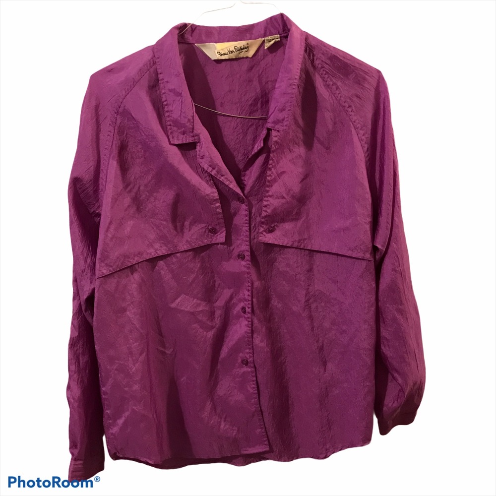 Diane von Furstenberg Vintage Safari-Style Creped Shirt Blouse Purple Sz 12